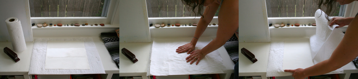 A tripych showing the wet watercolor paper being blotted with paper towel